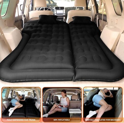 Car Air Mattress Bed, Inflatable Car Bed for SUV - Flocking+PVC Backseat Camping Mat with1 Charger, Mattress Sleeping Pads with 2 Pillows Fits Most SUVs Sedans Truck Van Rear Seat, 68L× 51W × 5.11H in Kuwait