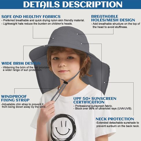Kids Sun Hat Outdoor UPF 50+ Kids Hat for Boys Girls Bucket Hat with Wide Brim Neck Flap for Fishing Beach Safari in Kuwait
