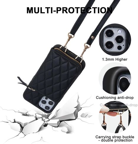 Crossbody Sheippered Wallet Case لـ iPhone 15 Pro Max ، Pu Leather Handbag Pres Cover Cover Standar ، Slot Slot Slot Slot Slot 6 6.7 بوصة iPhone Case Black in Kuwait