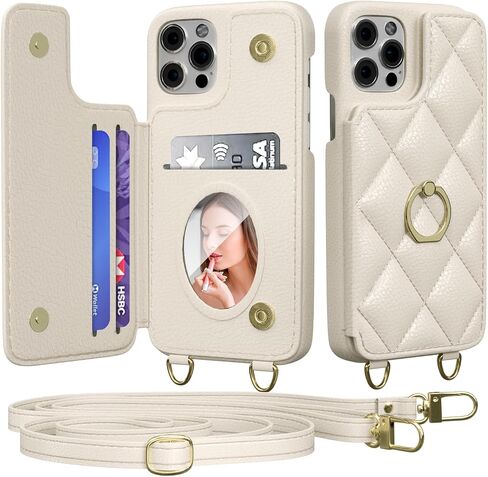 Crossbody Wallet with Cosmetic Mirror Case for iPhone 14 Pro Max, UP Leather Case with Card Slots Invisible Stand, Women Detachable Lanyard 6.7-Inch Phone Case White in Kuwait