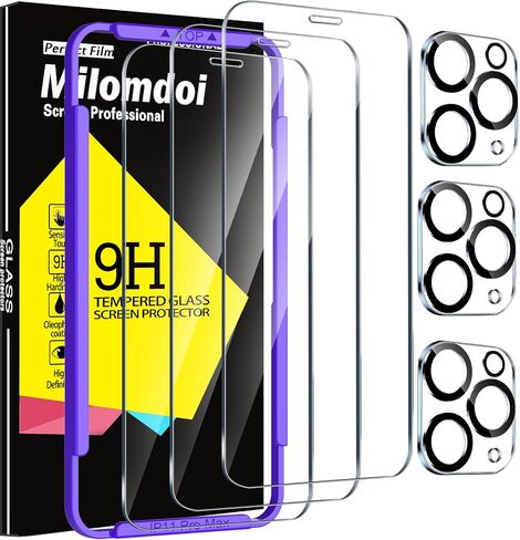 Milomdoi 3 Pack Screen Protector for Apple iPhone 12 Pro Max with 3 Pack Tempered Glass Camera Lens Protector, Ultra 9H Accessories, Case Friendly, Mounting Frame, 2.5D Curved, Transparent in Kuwait
