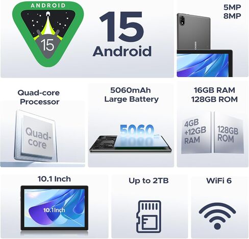 DOOGEE U10(2025) 10 inch Tablet with Keyboard, Android 15 Tablet 16GB+128GB/2TB Expand, 2.0GHz Quad Core Gaming Tablets,5060mAh,1280x800 IPS HD Touchscreen,WiFi 6,Dual Camera,BT5.0,Widevine L1,Gray in Saudi Arabia