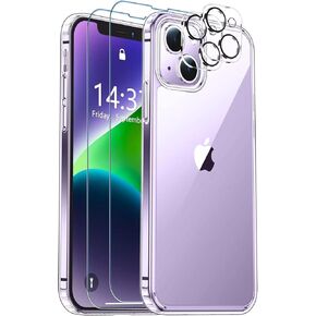 SPIDERCASE for iPhone 14 /iPhone 15 Case, [Crystal Clear] 2 Pack [Tempered Glass Screen Protectors+Camera Lens Protectors] [Not Yellowing] Slim, Clear