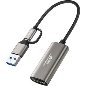 بطاقة التقاط 4K HDMI ، USB 3.0 بطاقة التقاط الفيديو HDMI إلى USB-A/C 1080P 60 إطارًا في الثانية ، بطاقة التقاط الفيديو للبث المباشر/الألعاب/الاجتماع متوافق مع Windows/Mac OS Switch PS4/5 Xbox