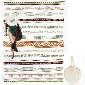 Silky Soft 108"x84" Boho Beach Blanket Sand Proof Mat with Corner Pockets and Fashion Mesh Bag for Party, Travel, Camping and Outdoor Music Festival, Geometric Blue Stripes