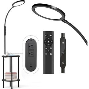 Floor Lamp with Table, End Lamp with Charging Station(USB, Type C, 2 AC Ports), 4-Color Temp & 5-Level Dimming 12W LED, Standing Lamp with Remote, Gooseneck Reading Lamp for Office Bedroom Living Room