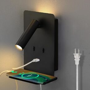 ZEROUNO Modern Bed Side Lamp for Bedroom Set of 2, Black Plug in Wall Mounted Reading Light, Corded Bedside Reading Wall Sconce with USB Port and Shelf, Headboard Reading Lamp Wall Mount with Switch