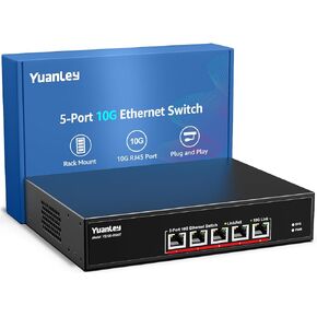 YuanLey 5 Port 10G Ethernet Switch, 5 x 10Gbps RJ45 Ports, Support 10G/5G/2.5G/1G/100Mbps Speed Auto-Negotiation, 100Gbps Switching Capacity, Unmanaged Switch Rackmountable, Plug and Play