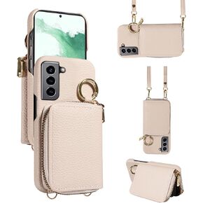 Wallet Case for Samsung Galaxy S22 Plus S22+ 5G with Shoulder Strap Ring Buckle, Zipper Flip Organ Purse, Credit Card Holder Stand Full Body Phone Cover for S22+5G S22plus 22S + S 22 22+ Black