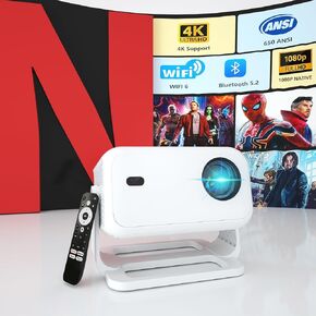 【Netflix-Licensed & Auto Focus/Keystone】Smart Projector with Wifi and Bluetooth, Native 1080P 4K Support Outdoor Movie Projector, Home Ceiling Portable Mini Projector with Stand TV Cast