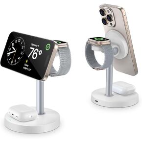 15W Fast 3 in 1 Wireless Charging Station for Apple Series, Magnetic Mag-Safe Charger Stand with Adjustable Angle, for iPhone 16 15 14 13 12 Apple Watch, Airpods, Gifts for Men (No AC Adapter)-White