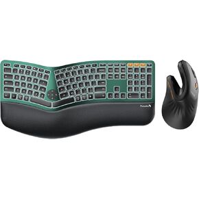 ProtoArc EK01 Plus Backlit Full Size Wireless Ergonomic Keyboard Green and EM11 NL Bluetooth Vertical Mouse Black