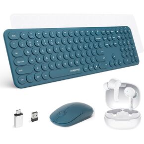 XTREMTEC 2.4G Full Size Slim Wireless Keyboard and Mouse Combo with White in-Ear Sweatproof Stereo Bass Headphones