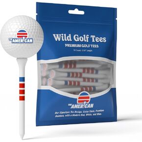 The American Golf Tee - 50 Pack 3 1/4 Inch Extra-Thick Premium Bamboo Wood Golf Tees - Red, White, and Blue Pride Golf Gifts for Men and Women - Premium Golf Accessories