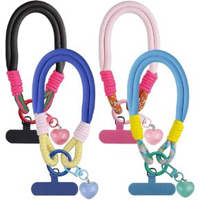 4Pcs Colorful Braided Rope Phone Wrist Strap Cute Keychain Wristlet Cell Phone Lanyard with Tether Tab, Hand-Free Bracelet Wrist Strap Phone Charms Love Heart Keychains Pendant Charms for Women Girls