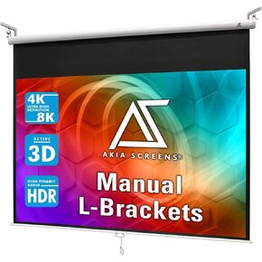 Akia Screens 110 inch Projector Screen Pull Down 4:3 Manual, Ceiling Mount or Wall Mount Retractable Projection Screen with 10 inch Bracket White, AK-M110V1 and AK-ZLB10W