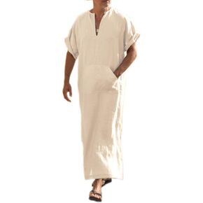 COOFANDY Men's V-Neck Linen Robe Short Sleeve Kaftan Thobe Long Gown Casual Shirt for Beach, Summer