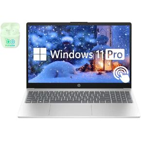 كمبيوتر محمول HP بشاشة لمس 15.6 بوصة، كمبيوتر محمول Windows 11 Pro، ذاكرة الوصول العشوائي 32 جيجابايت، 1 تيرابايت SSD، معالج i3-1215U، شاشة LED عالية الدقة 1366 × 768، لوحة مفاتيح رقمية، قارئ بطاقة SD، HDMI، سماعة أذن Plusera، فضي