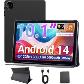 2025 Google Tablet 10.1" Android 14, MTK Helio G80 Octa-Core 12GB RAM 128GB, HD IPS Touchscreen, Wi-Fi 6, BT 5.0, 6000mAh Battery, Dual Camera, Stand Case, Widevine L1, Gray