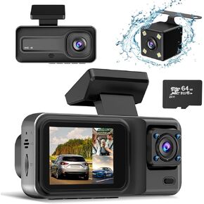 4K 3 Channel Dash Cam with 64GB Card, 4K+1080P+1440P Dash Cam Front and Rear Inside, Dash Camera for Cars with Super Night Vision, Loop Recording, Motion Detection, 24H Parking Mode