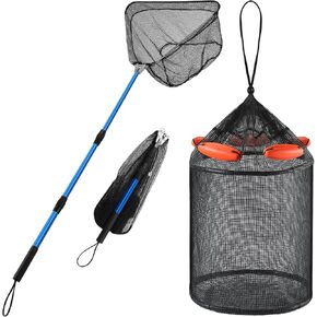 Lasnten 2 Pcs Foldable Floating Fish Basket Floating Fishing Net with Long Robust Telescopic Handle Kayak Accessories with Storage Bag Rubber Coated and Nylon Fish Basket for Caught Fish Landing Net