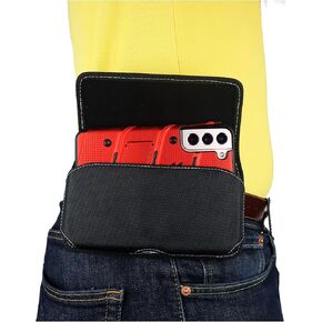 Nylon Cell Phone Holster Pouch for Samsung Galaxy S25 S24 S23 S22 S21+ Plus, (2024) W/Fixed Secure Belt Loop Clip Holder, Magnetic Closure, Fits Case On Phone, XX-Large (Black-Horizontal)