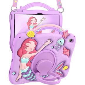 Boaretiu for iPad 10th/11th A16 Generation Case 11 Inch 2025/10.9 Inch 2022 - Cute Cartoon Mermaids Soft 3D Silicone Case with Strap & Rotating Stand for Girls Teens Tablet Cover for iPad 10th 11th