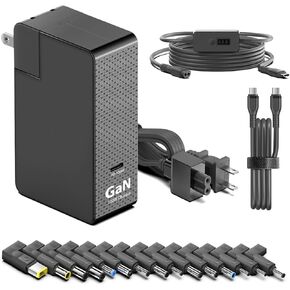 HKY GaN 100W USB C Charger with 6Ft USB-C Cable and 5V-9V-12V-15V-20V Adjustable Output Barrel PD Trigger Cable & 15PCS Tips Portable Fast Universal Travel Power Adapter for Fit All Electronic Devices