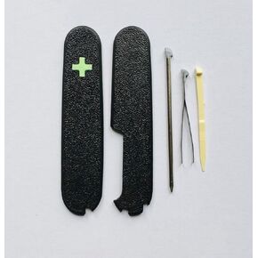 Replacement Covers For Victorinox Scales Plus 91mm Plastic Handles With Toothpick Tweezers And Ballpoint Pen Glowing Cross (Black)