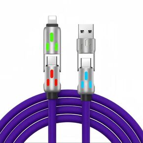 4-in-1 USB Charging Cable, LED Indicator Lights, Type-C/USB-A to Lightning/Type-C Compatibility Cable Purple