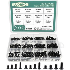 560PCS Black Carbon Steel M2 M2.5 M3 Laptop Replacement Screw Set Countersunk Head Flat Head Phillips Miniature Screws for Dell Samsung HP Sony Laptop