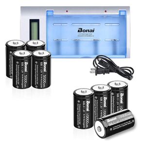 BONAI Rechargeable C Batteries 5000mAh 4-Counts with LCD Battery Charger for C D AA AAA 9V Ni-MH Ni-CD Batteries with D Cells 10,000mAh 1.2V Ni-MH High Capacity High Rate Battery 4 Pack