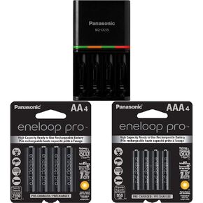 Panasonic BQ-CC55KSBHA Advanced 4 Hour Quick Charger, Black & BK-3HCCA4BA AA High-Capacity Ni-MH Batteries, 4-Battery Pack & BK-4HCCA4BA AAA High Capacity Rechargeable Batteries, 4-Battery Pack