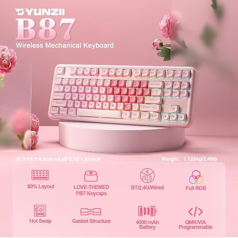 YUNZII B87 TKL Wireless Mechanical Keyboard (Pink, Milk Switch) in Kuwait