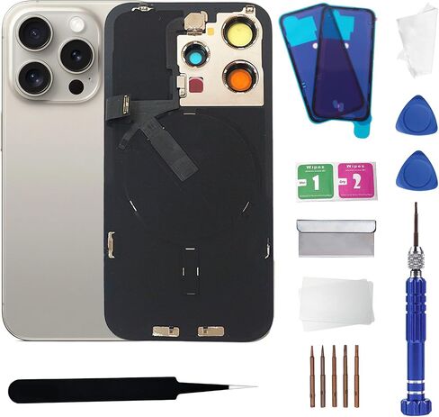 15pro بديل للزجاج الخلفي مع شحن اللاسلكي شحن الكابل المرن وإطار الكاميرا جميع الأجزاء لجهاز iPhone 15 Pro (6.1inch ، Black Titanium) استبدال الشريط المقاوم للماء المعدات in Saudi Arabia
