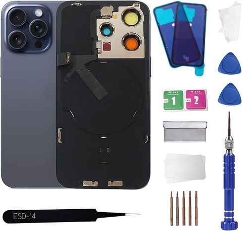 15pro بديل للزجاج الخلفي مع شحن اللاسلكي شحن الكابل المرن وإطار الكاميرا جميع الأجزاء لجهاز iPhone 15 Pro (6.1inch ، Black Titanium) استبدال الشريط المقاوم للماء المعدات in Saudi Arabia