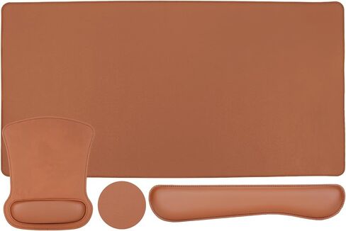 MOSISO Keyboard Mouse Pad Set, PU Leather Large Gaming Mousepad&Keyboard Wrist Rest&Mouse Wrist Rest&Coaster, Ergonomic Non-Slip Mousepad&Easy Typing Cushion with Memory Foam for Home Office, Brown in Kuwait
