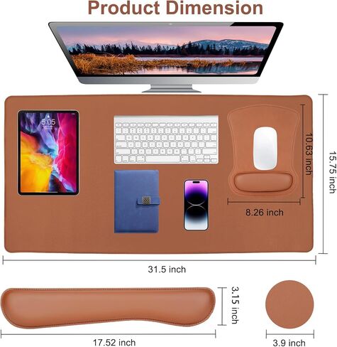 MOSISO Keyboard Mouse Pad Set, PU Leather Large Gaming Mousepad&Keyboard Wrist Rest&Mouse Wrist Rest&Coaster, Ergonomic Non-Slip Mousepad&Easy Typing Cushion with Memory Foam for Home Office, Brown in Kuwait
