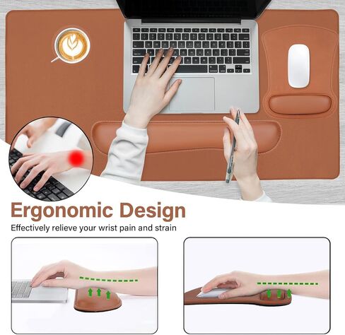 MOSISO Keyboard Mouse Pad Set, PU Leather Large Gaming Mousepad&Keyboard Wrist Rest&Mouse Wrist Rest&Coaster, Ergonomic Non-Slip Mousepad&Easy Typing Cushion with Memory Foam for Home Office, Brown in Kuwait