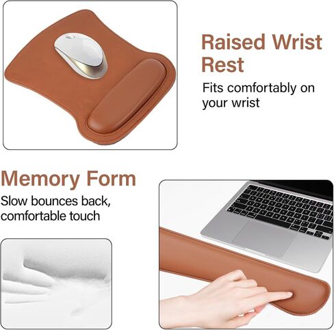 MOSISO Keyboard Mouse Pad Set, PU Leather Large Gaming Mousepad&Keyboard Wrist Rest&Mouse Wrist Rest&Coaster, Ergonomic Non-Slip Mousepad&Easy Typing Cushion with Memory Foam for Home Office, Brown in Kuwait