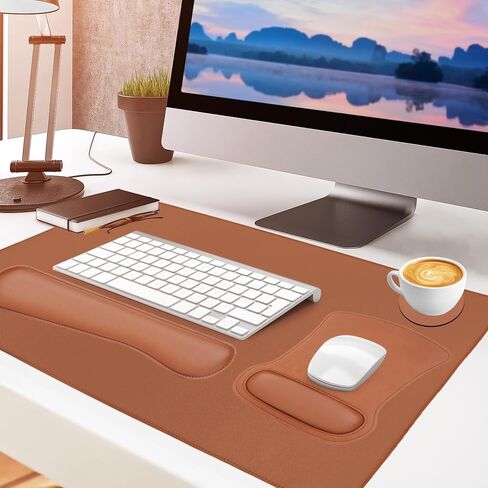 MOSISO Keyboard Mouse Pad Set, PU Leather Large Gaming Mousepad&Keyboard Wrist Rest&Mouse Wrist Rest&Coaster, Ergonomic Non-Slip Mousepad&Easy Typing Cushion with Memory Foam for Home Office, Brown in Kuwait