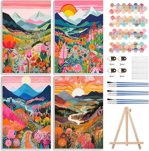 4 Pack Paint by Numbers Kits for Adults Beginners Framed Canvas, Adult Paint by Number Kit with Easel, Yin Yang Landscapes Painting by Numbers for Beginners, Arts and Crafts for Home Decor 8x12inch in Saudi Arabia