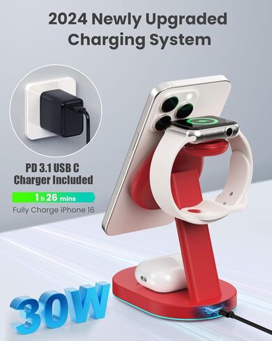 4 in 1 Wireless Charger Charging Station for iPhone,Qi2 Certified 15W Magnetic Charging Stand for Mag-Safe with 30W USB C Adapter&Friendly Night Light for iPhone 16/15/14/13/12,Apple Watch,AirPods in Kuwait