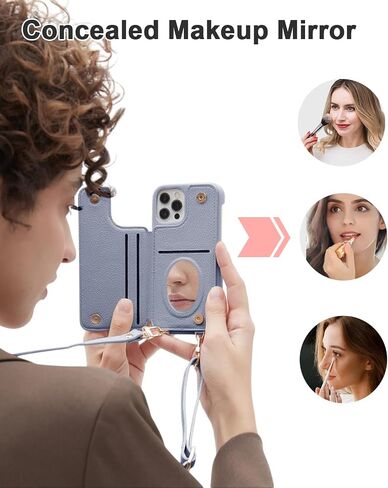 محفظة Crossbody مع حالة مرآة مستحضرات تجميل لـ iPhone 13 Pro Max ، علبة جلدية مع فتحات البطاقة غير المرئية ، والنساء قابلة للفصل الحبل 6.7 بوصة. in Kuwait