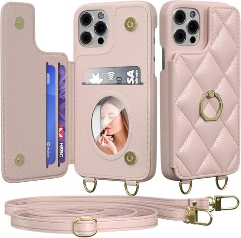 محفظة Crossbody مع حالة مرآة مستحضرات تجميل لـ iPhone 13 Pro Max ، علبة جلدية مع فتحات البطاقة غير المرئية ، والنساء قابلة للفصل الحبل 6.7 بوصة. in Kuwait