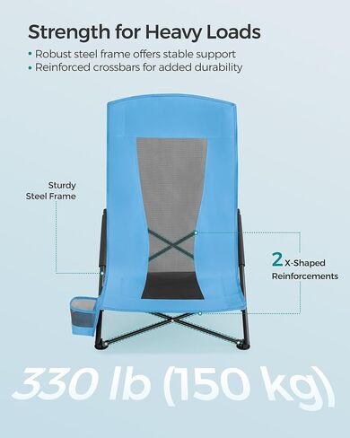 SONGMICS Set of 2 Portable Beach Chairs for Adults, Max. Load 330 lb Each, High Backrest, Cup Holder, Lightweight, Heavy-Duty, Light Blue UGCB067Q01V1 in Saudi Arabia