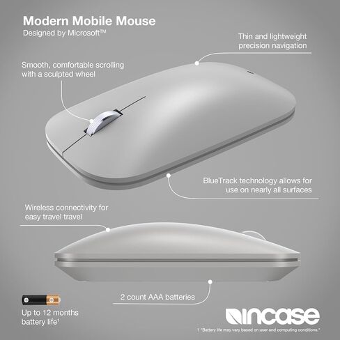 incase Modern Mobile Mouse - الذي صممه Microsoft - الوزن الخفيف ، والملاحة الدقيقة ، واليمين/الأيسر ، وعجلة التمرير ، وتكنولوجيا Bluetrack ، والبلوتوث اللاسلكي لنظام التشغيل Mac/Windows/8/10/11 (أسود) in Kuwait