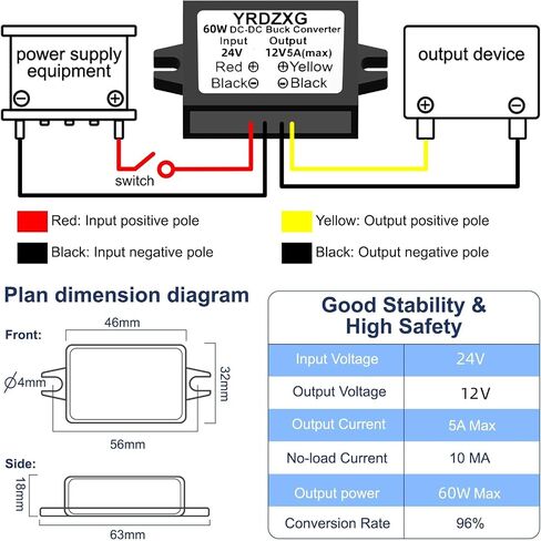 yrdzxg12v 5a 60w 24v إلى محول طاقة خطوة إلى 12 فولت ، ومحول خطوة بخطوة ، ووحدة مخفضة صغيرة ، ووحدة DC المقاومة للماء لأنظمة السيارات والسيارات in Kuwait