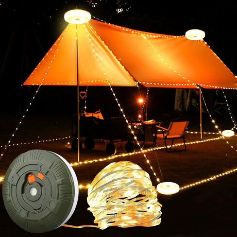 Retractable Camping String Lights Reel, 65.6ft 200 LED Portable Stowable 3000mAh Rechargeable Strip Light, Waterproof Tent Lantern for Outdoor Hiking Awning Garden Party Festival Decor (Warm White) in Saudi Arabia
