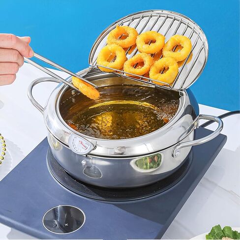 9.76 inches 3.4L 304 Stainless Steel Deep Fryer Pot,Janpanese Style Tempura Frying Pot with Strainer Basket and Thermometer,Deep Frying Oil Container with Handle for Frying Fish Shrimp Chicken in Kuwait